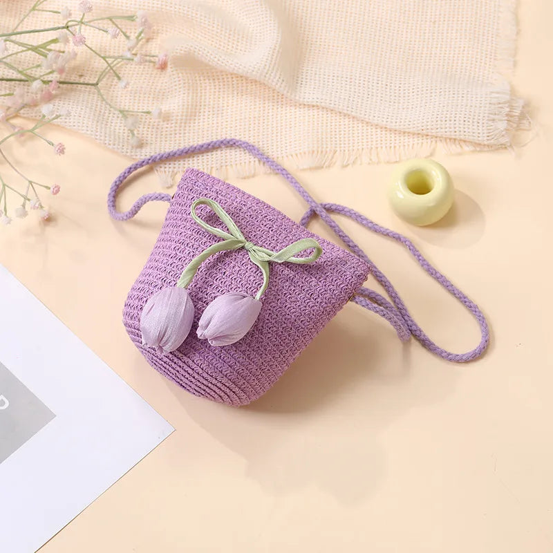 Summer Beach Seaside Tulip Straw Woven Bag  New Children Flower Straw Bag Mobile Phone Crossbody Bag