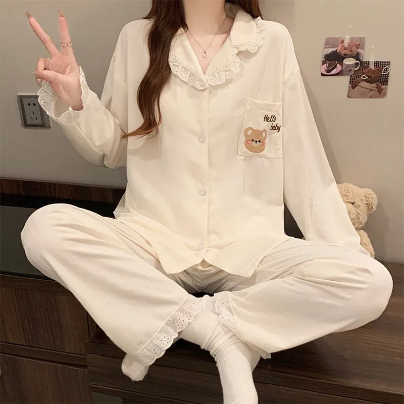 Sweet Cartoon New Style Women's Sleepwear Long Sleeve Casual Home Clothes Cardigan Cotton Like Fabric Four Seasons