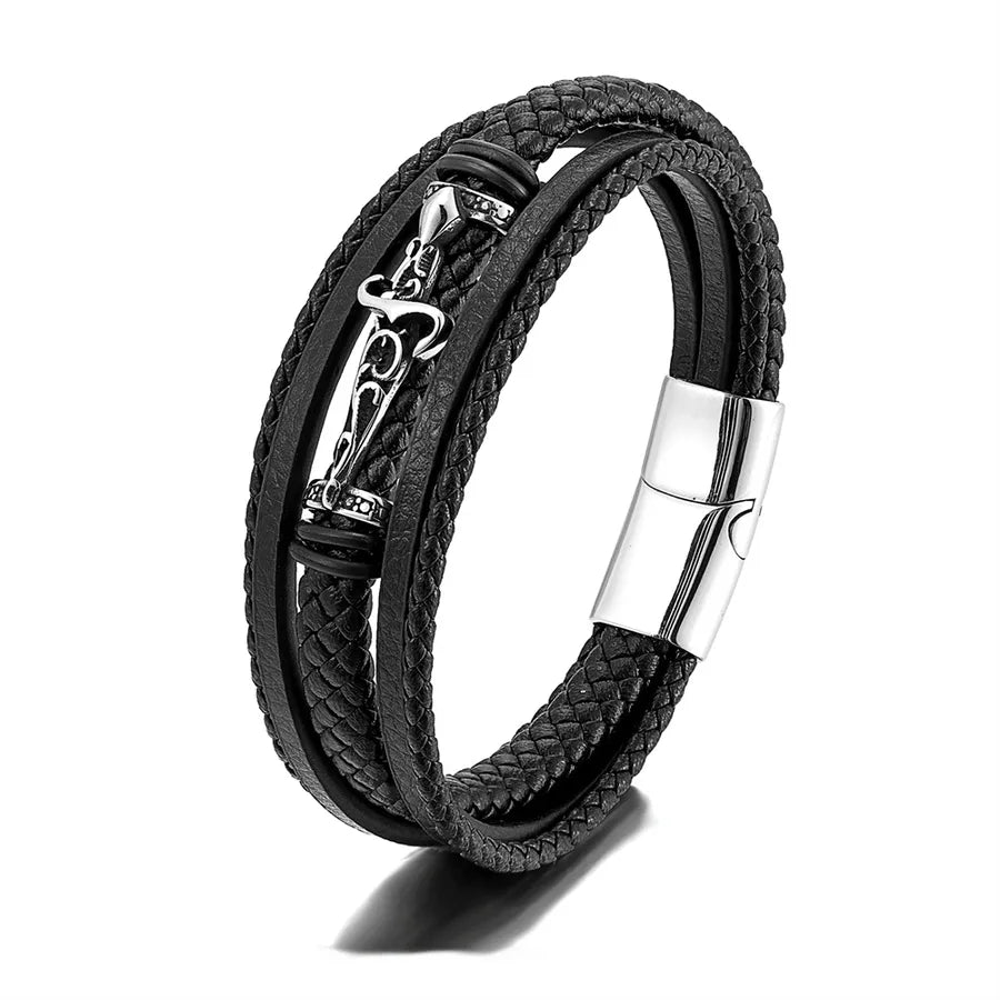 New Fashion Multi-Layer Leather Cord Bracelet Retro Men's Stainless Steel Leather Bracelet Punk Jewelry