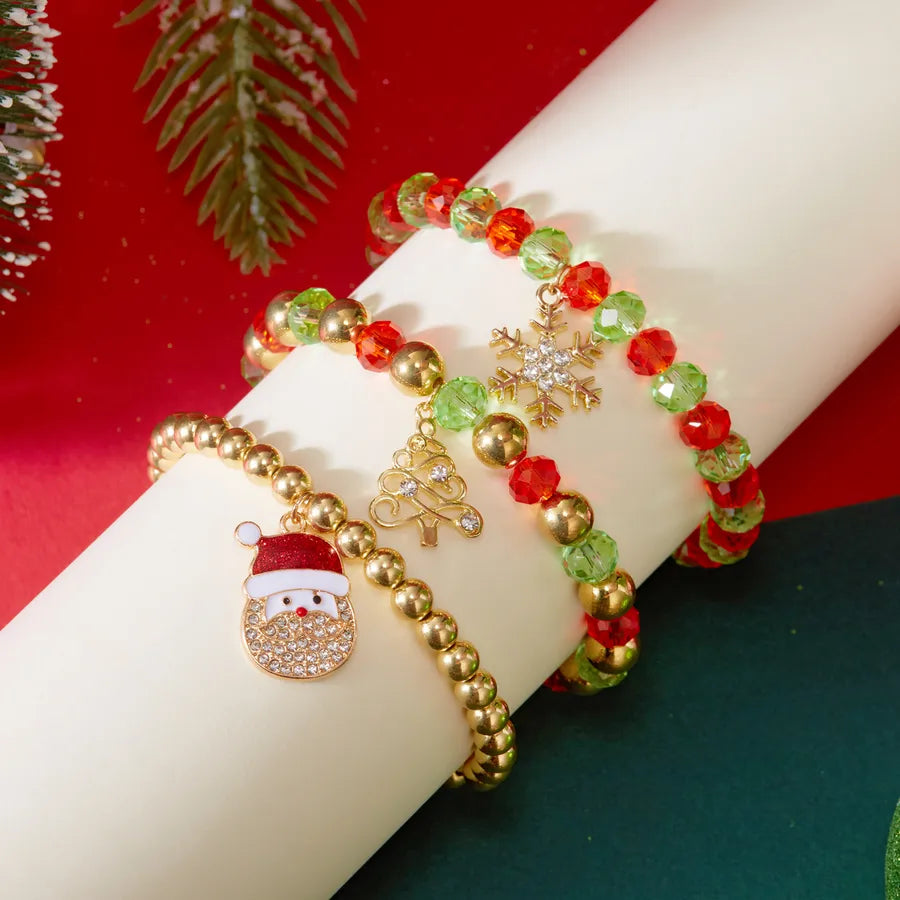 Christmas Themed Elastic Bracelet Set Santa Claus Snowflake Pendant Beaded Style Hand Chain Festive Jewelry Accessory