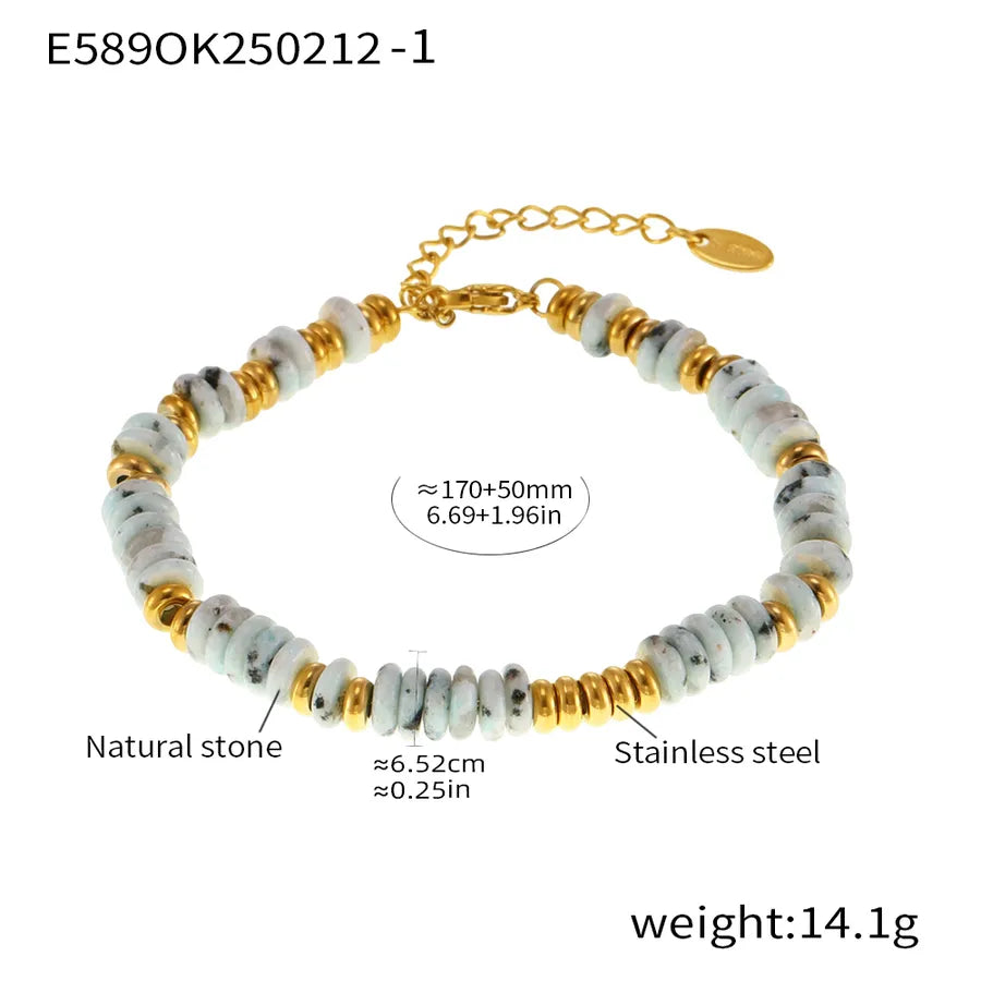 Elegant Vacation Simple Style Round natural stone Titanium Steel 18K Gold Plated Beaded Chain Bracelets In Bulk