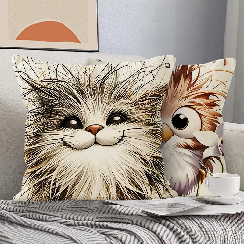 Funny Bird Print Linen Pillowcase New Style Office Cushion Cover Simple Cartoon Design Eco-Friendly Linen Material