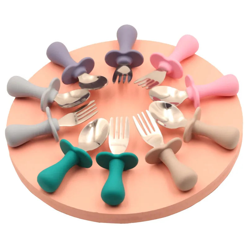 Baby Silicone Fork Spoon Children's Stainless Steel Training Short Fork Spoon Children's Tableware Set Portable Short Handle Fork Spoon