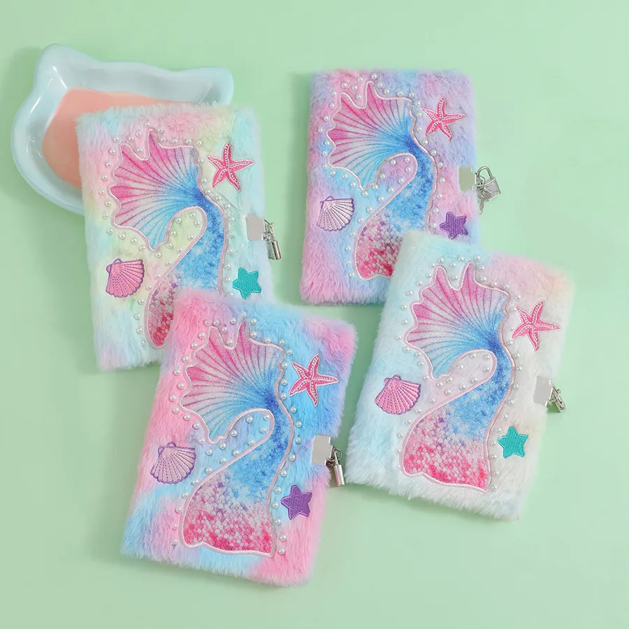 A5 Size Lockable Mermaid Tail Plush Notebook Cartoon Hard Cover Writing Diary For Students Children Gifts