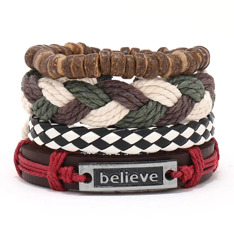fashion cross letter pu leather beaded unisex bracelets 4 pieces