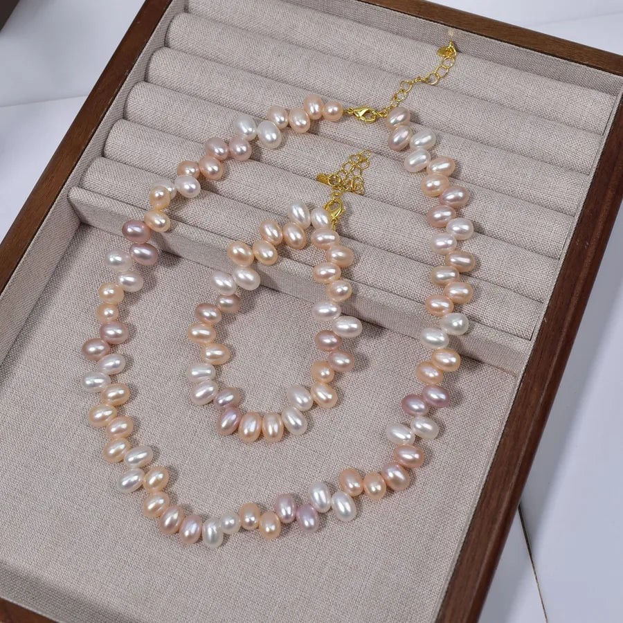 Natural Freshwater Pearl Rice Bead Necklace Bracelet Women's Mixed Color Three-Hole Candy Style Jewelry Simple Design