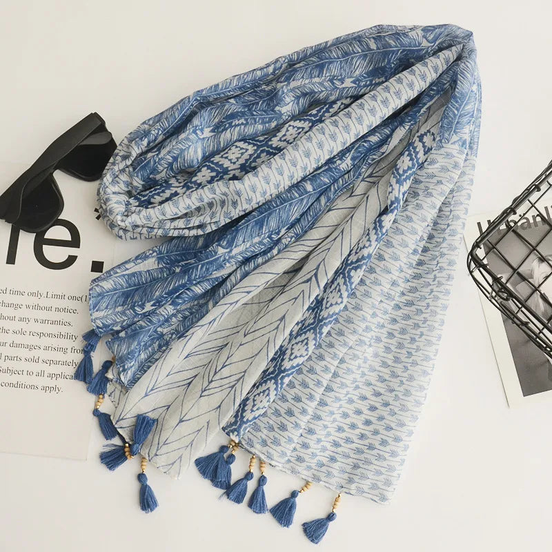 women's ethnic style feather cashew nuts twill cotton cotton and linen tassel cotton linen scarves