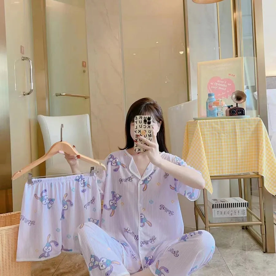 Spring Autumn Women's Sleepwear Short Sleeve Loose Home Clothes Cute Girl's Pajamas Set Casual Breathable Polyester Silk