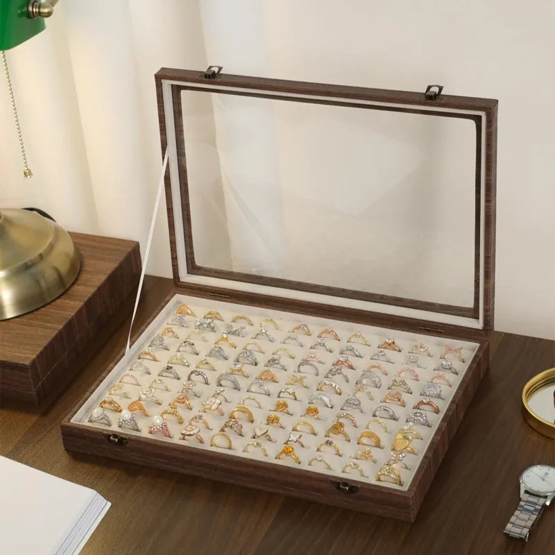 Retro Style Wooden Texture Leather Jewelry Box With Glass Lid Dustproof Storage For Rings Necklaces Bracelets Accessories Display