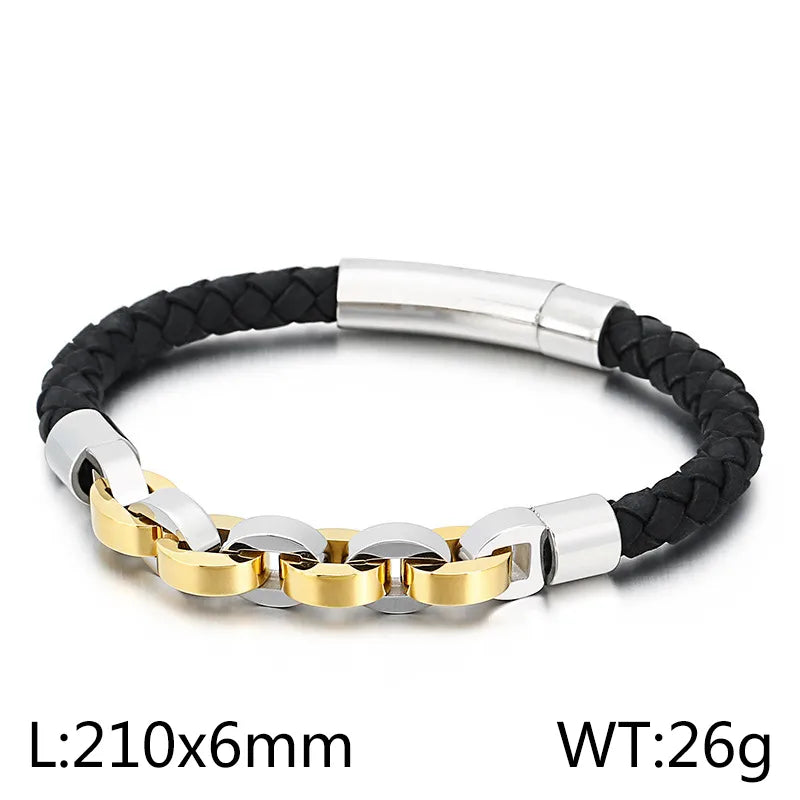 Hip-Hop Retro Color Block Stainless Steel Pu Leather Plating Chain 18K Gold Plated Men's Bangle