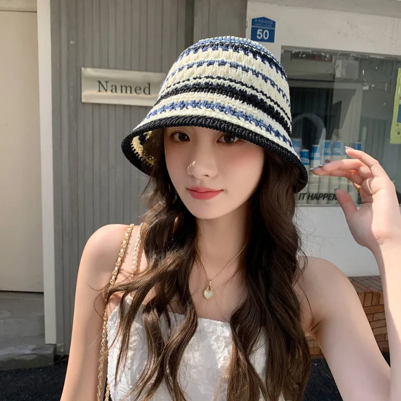 Women's Elegant Stripe Hollow Out Eaveless Bucket Hat