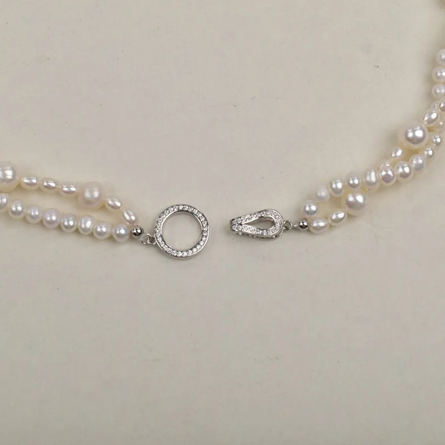 Natural Freshwater Pearl Twist Necklace Double Layer with 925 Silver Clasp Simple Elegance Egg Round Pearl Jewelry Accessory