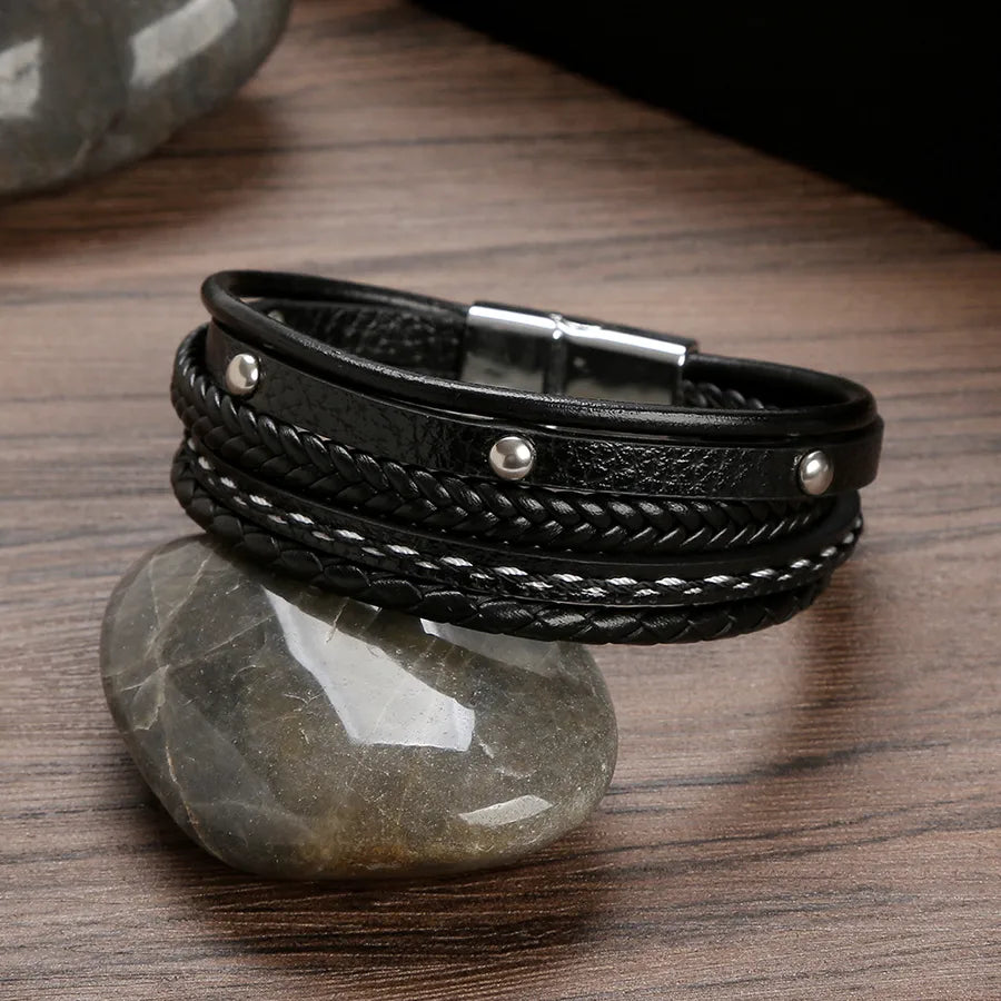 Simple Style Solid Color Pu Leather Titanium Steel Men's Bangle