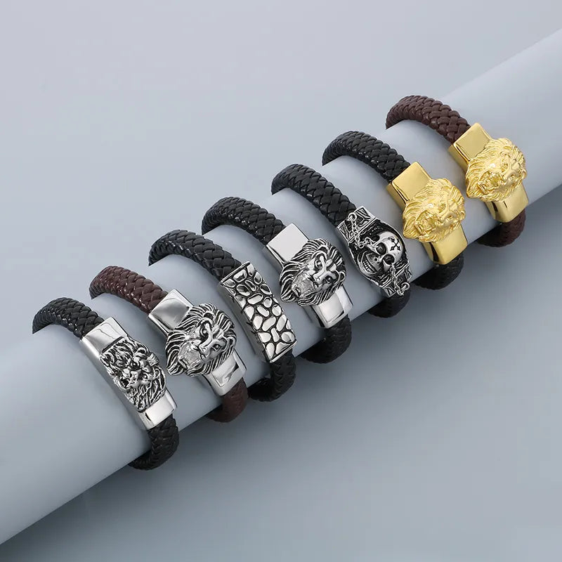 Hip-Hop Retro Color Block 304 Stainless Steel Leather Plating 18K Gold Plated Men's Bangle