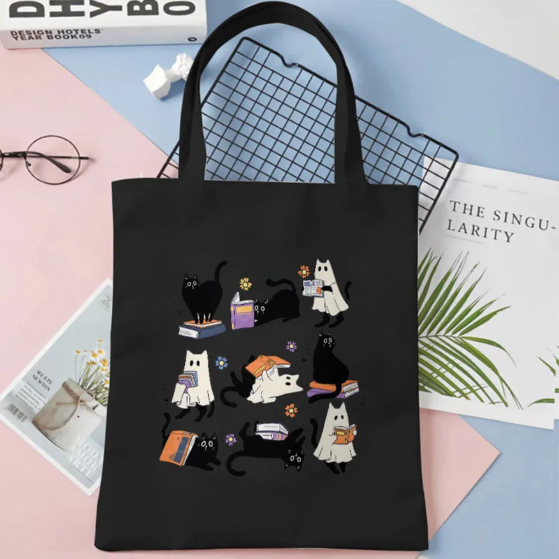 Cute Cat Halloween Party Bag Women Ghost Canvas Tote Bag Harajuku Fashion Shopping Bag Square Shape Large Size Retro Print