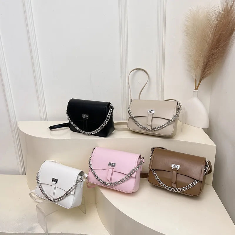 Women's PU Solid Color Classic Style Square Magnetic Buckle Handbag Crossbody Bag