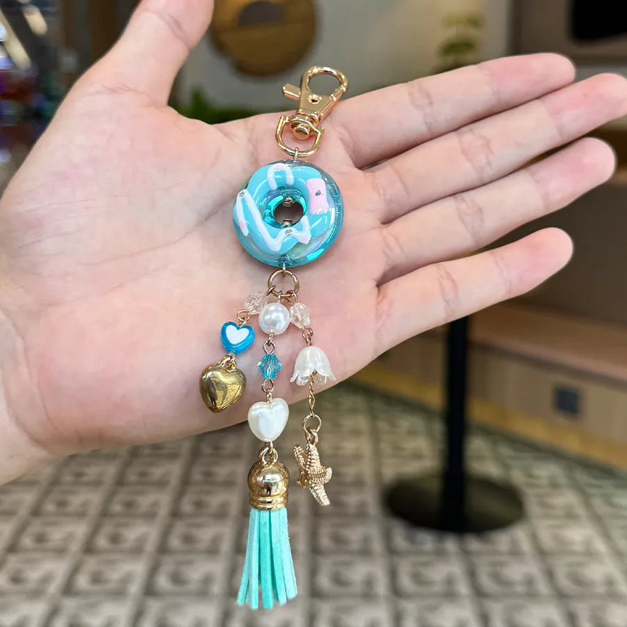 Cute Metal Keychain Pendant Beaded Bookbag Girl's Bag Charm  Style Cartoon Design Half Handmade Flower