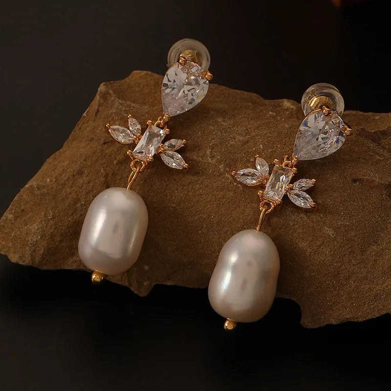 1 pair classic style geometric inlay copper freshwater pearl zircon drop earrings
