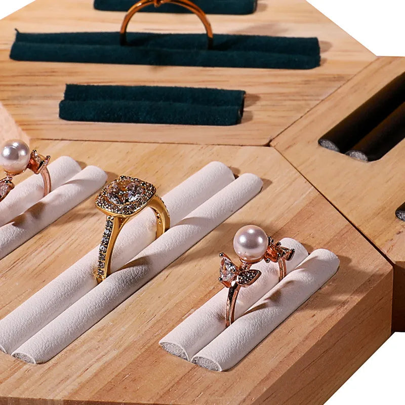 Wooden Jewelry Display Stand Ring Holder Shop Window Props Stall Selling Hexagonal Pattern Real Wood Craft Academic Style