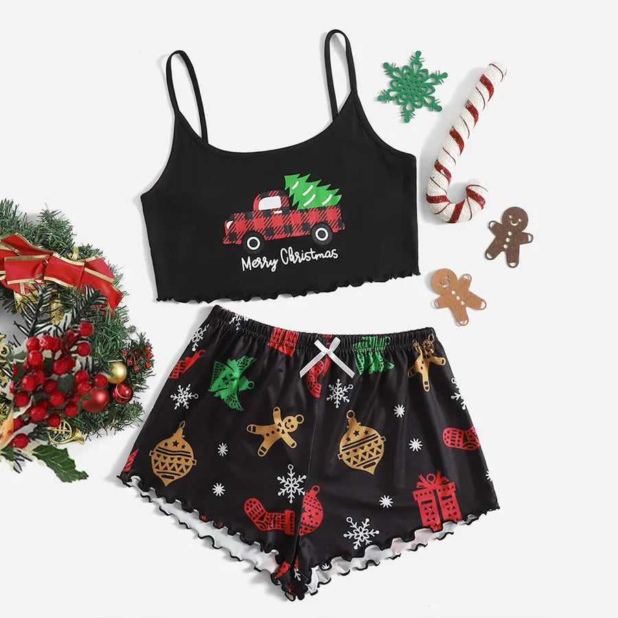 Home Festival Women's Christmas Printing Polyester Milk Fiber Printing Shorts Sets Pajama Sets