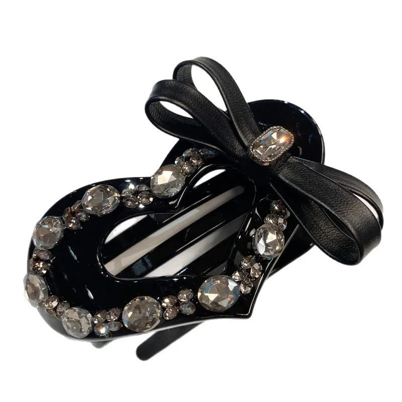 Elegant Black Leather Hairpin With Butterfly Knot Shiny Rhinestone Heart Shaped Hair Accessory Woven Leather For Back Of Head Bun