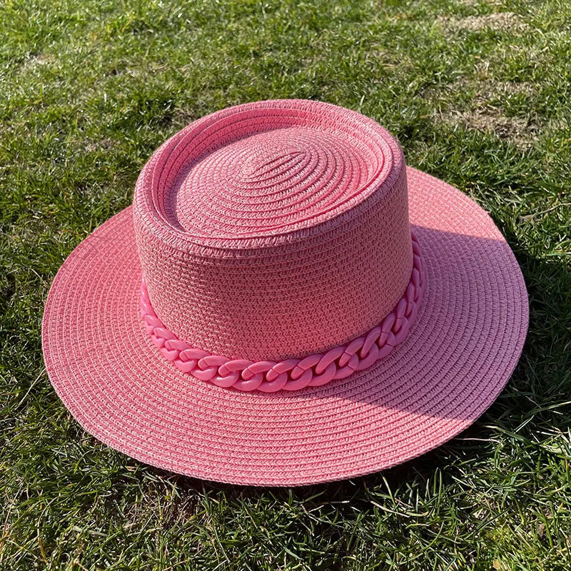 women's simple style solid color chain flat eaves sun hat