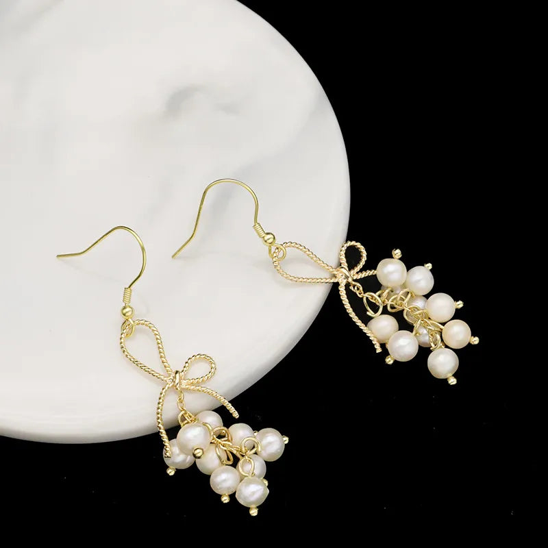 1 Pair 18K Gold Plated Freshwater Pearl Copper Zircon Flower Drop Earrings