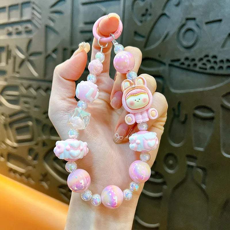 Cute Cartoon Mobile Phone Chain Dopamine Handmade Beaded Key Holder Wristband Style Girls Keychain Acrylic Cute Style
