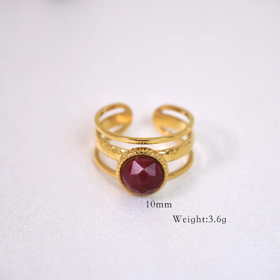 Retro French Style Geometric Titanium Steel 14K Gold Plated Natural Stone Open Rings In Bulk