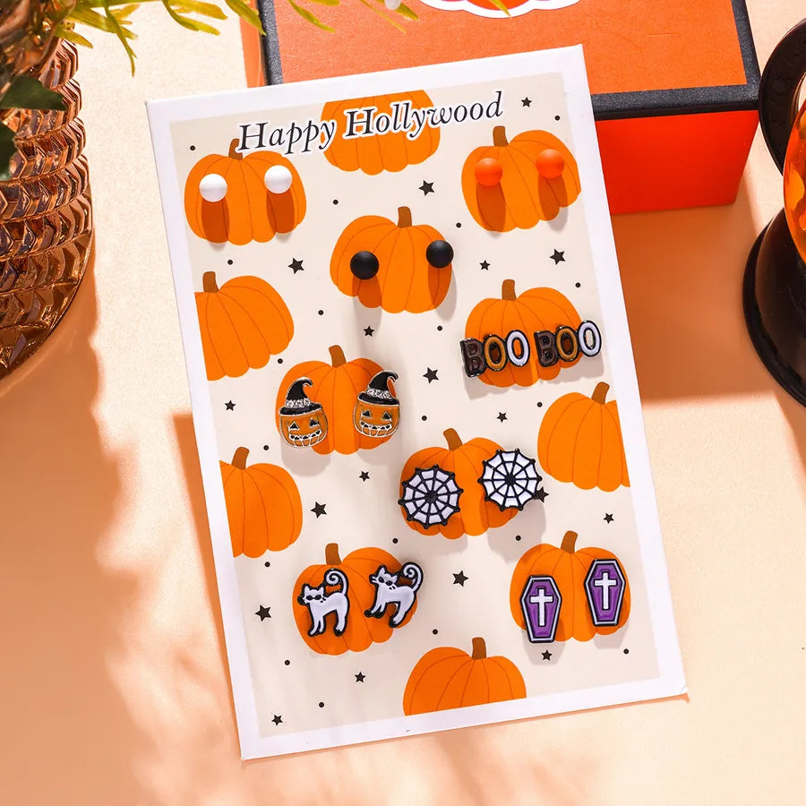Creative Halloween Series Alloy Pumpkin Bat Women's Earrings 8 Pairs Cartoon Design Zinc Alloy Personalized Jewelry Accessories