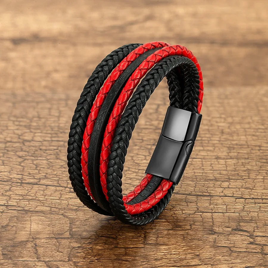 Vintage Style Punk Geometric 316 Stainless Steel  Pu Leather Layered Handmade Metal Button Men's wristband