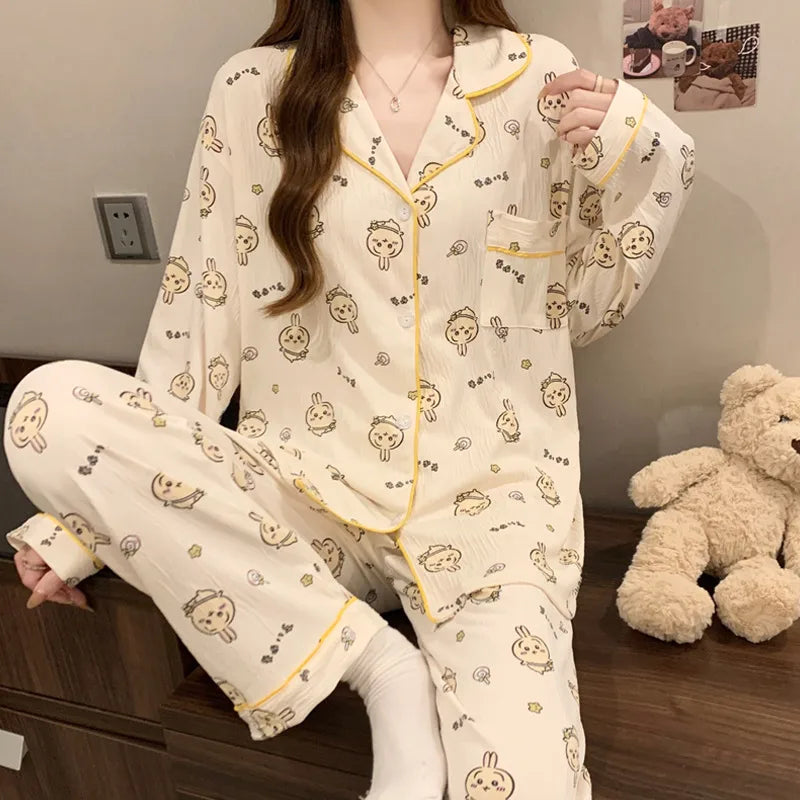 Sweet Girl Heart Print Open Cardigan Sleepwear Long Sleeve Crepe Home Clothes Set Spring New Style Casual Breathable Polyester