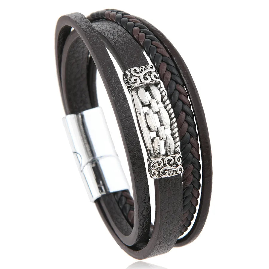 Retro Solid Color Pu Leather Alloy Men's Bracelets Men Cord & Leather Bracelets