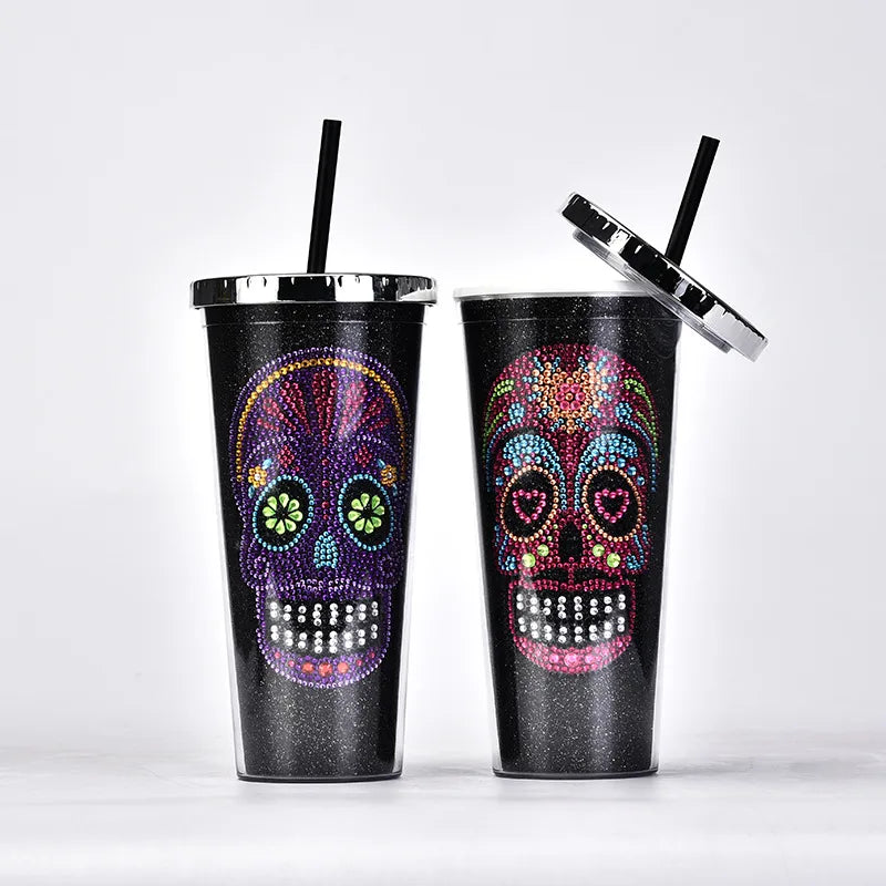 new double-layer plastic straw cup creative halloween skull head large capacity drink cup