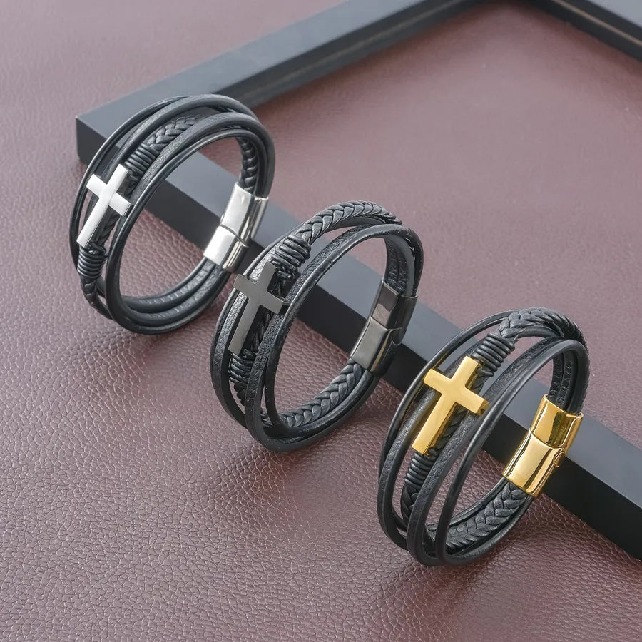 fashion cross pu leather plating men's bracelets 1 piece