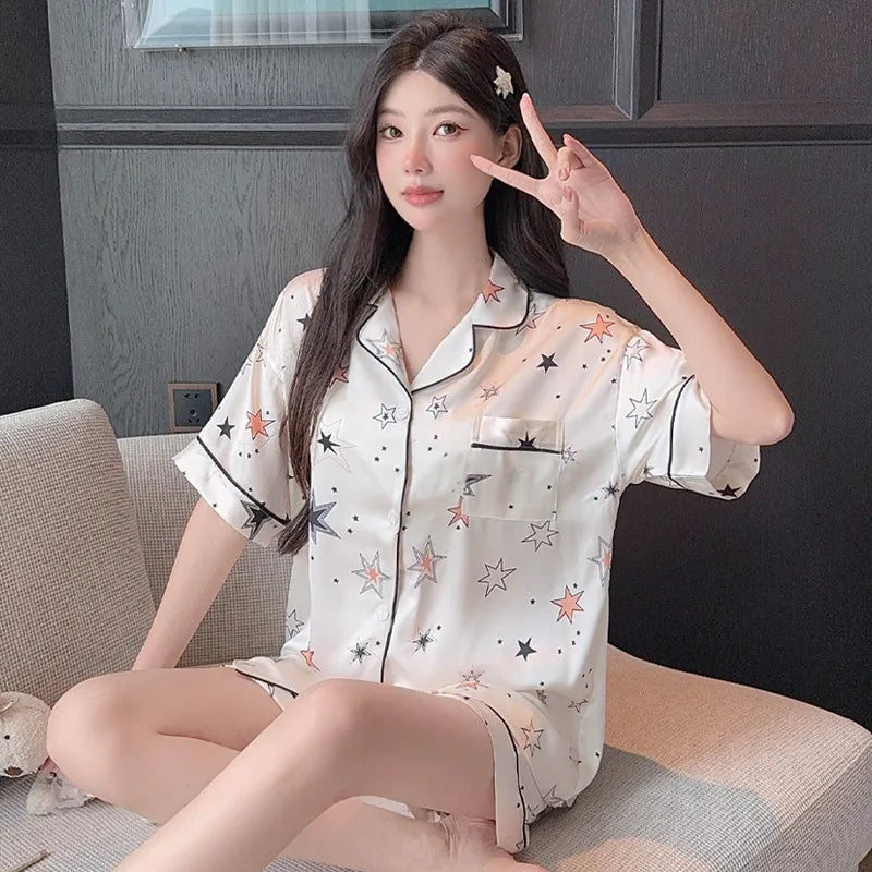 Elegant Ice Silk Sleepwear Women's Summer Butterfly Print Short Sleeve Home Clothes Set Can Be Worn Outside Breathable Casual