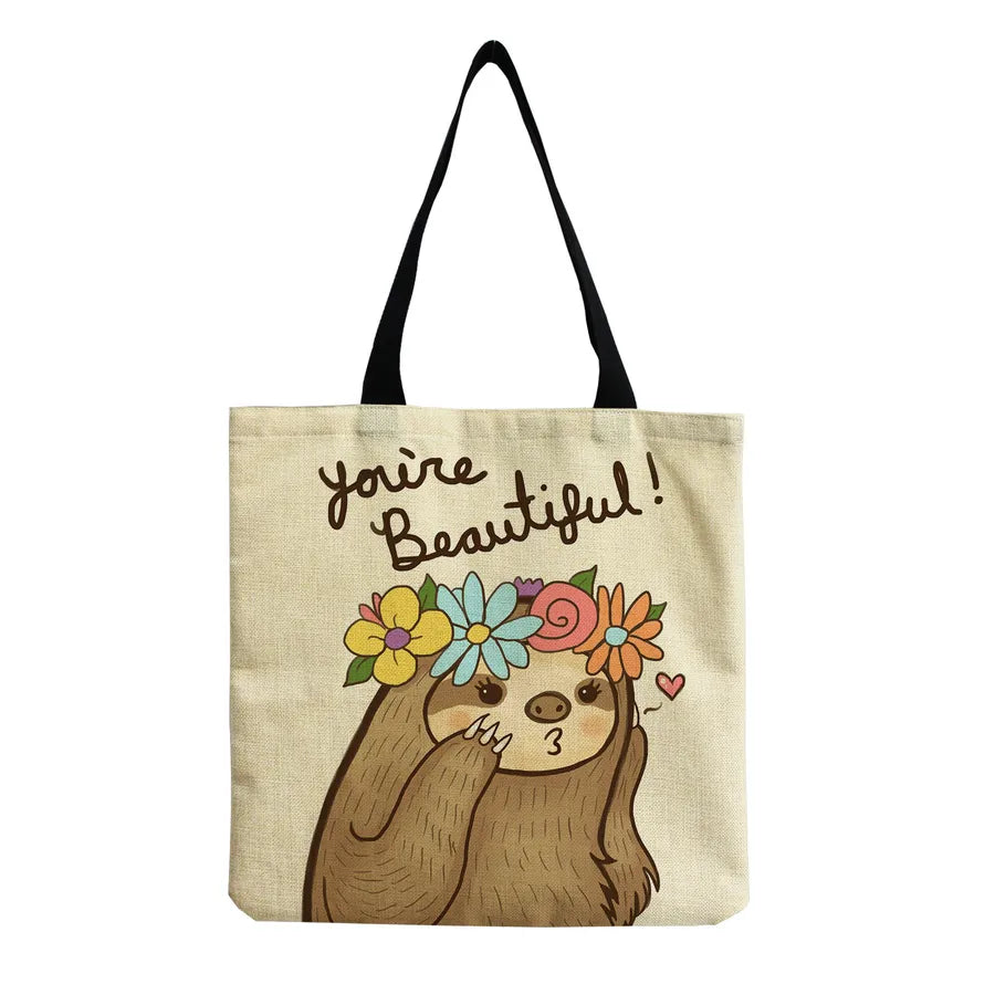 Women's Cute Cartoon Letter Linen Shopping bags