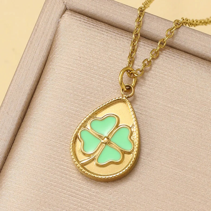 14K Gold Plated Titanium Steel Four Leaf Clover Lucky Pendant Necklace Women's Fashion Stainless Steel Jewelry Waterdrop Shape