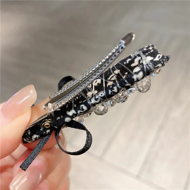 New Dongdaemun Crystal Fabric Hair Clip Headwear Floral Embellished Diamond Edge Duckbill Hairline Hair Clip Women's Accessory