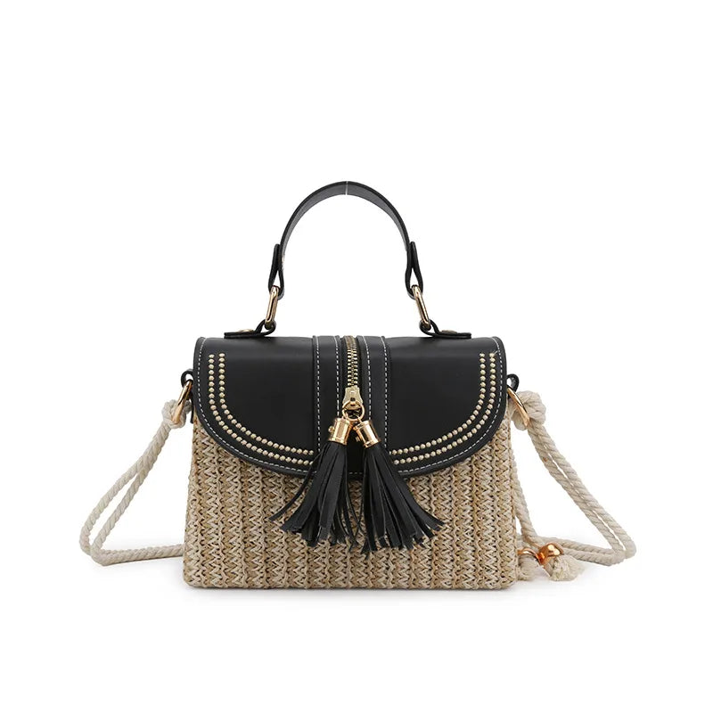 Women's PU Straw Splicing Vintage Style Vacation Square Magnetic Buckle Handbag Crossbody Bag