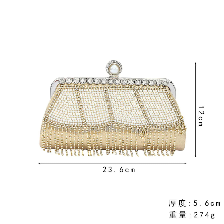 Heavy Industry Tassel Evening Bag Diamond-inlaid Pearl Chinese Cheongsam Handbag Holiday Wedding Dress Bag Banquet Bag