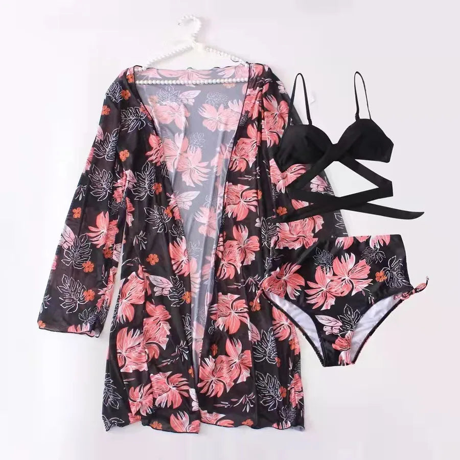 Women's Simple Style Ditsy Floral 3 Pieces Set Bikinis Swimwear
