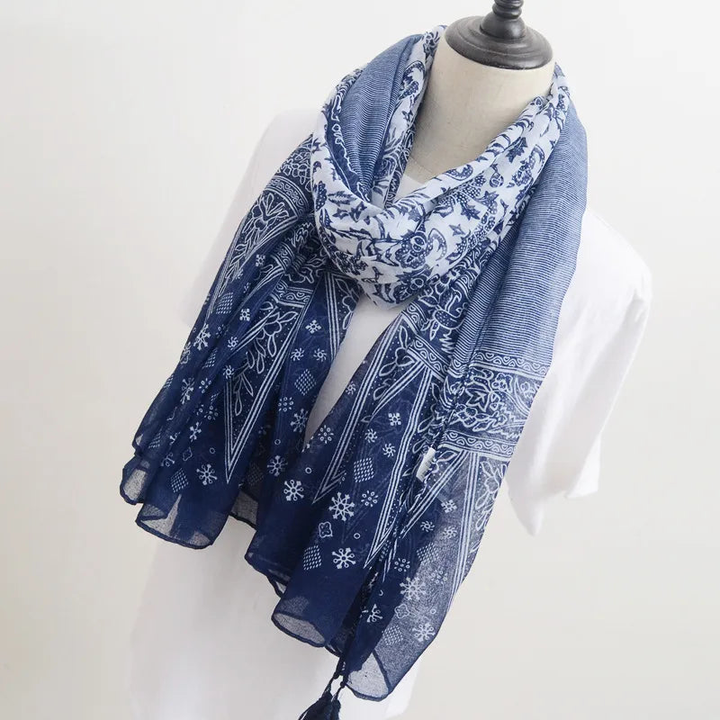 women's retro ethnic style printing cotton tassel scarf