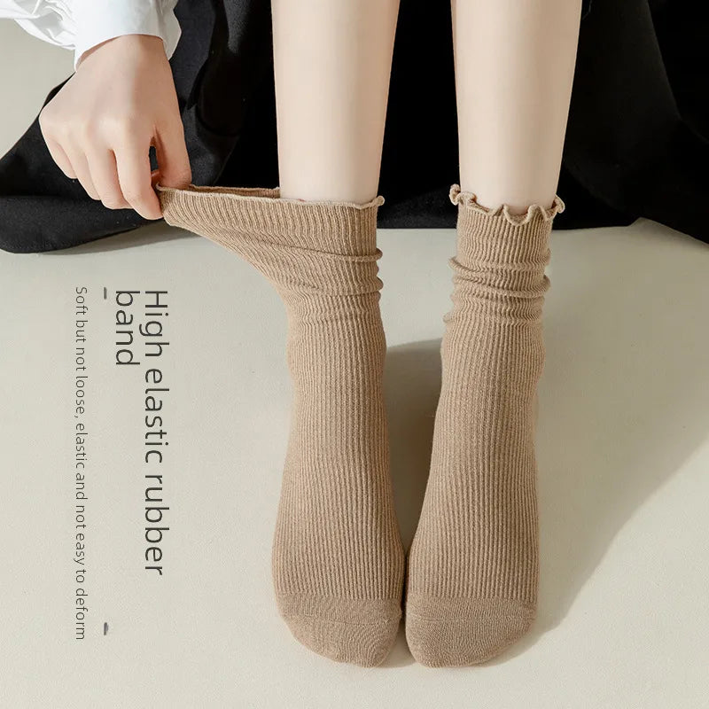 Wooden ear socks women's mid-calf socks summer thin pile socks summer black white autumn stockings loafers fashion