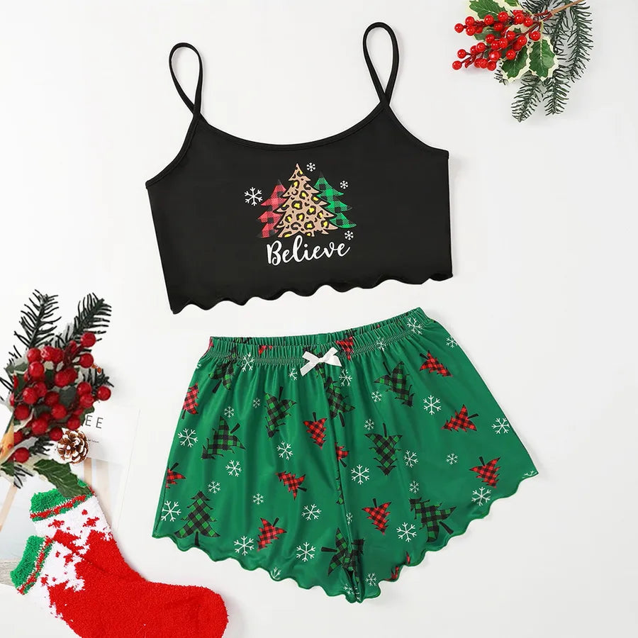 Home Festival Women's Christmas Printing Polyester Milk Fiber Printing Shorts Sets Pajama Sets