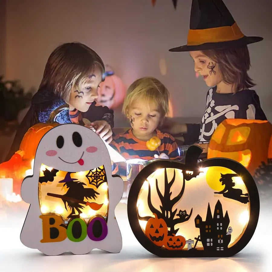 Wooden Glowing Pumpkin Lanterns Halloween Decorations Tabletop Accessories Party Centerpiece Simple Style Yellow Pine Wood