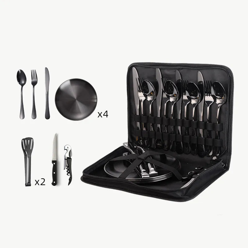 Outdoor travel stainless steel tableware camping picnic barbecue plate clip steak knife, fork and spoon suit portable storage bag