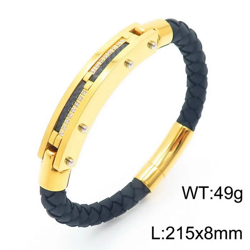 Hip-Hop Retro Color Block Pu Leather Titanium Steel Inlay Zircon 18K Gold Plated Men's Bangle
