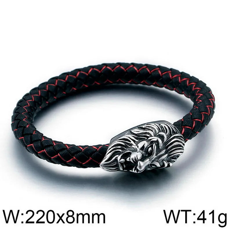 vintage style lion leather titanium steel men's bangle