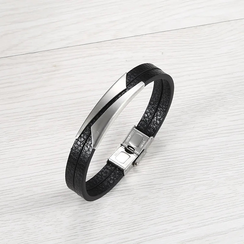 Ethnic Style Solid Color Pu Leather Titanium Steel Men's Bracelets Men Cord & Leather Bracelets